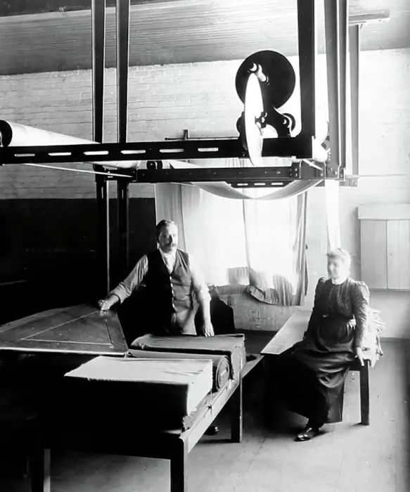 Framed Print : Perching and measuring cloth in a woollen mill in Bradford Framed Print : Perching and measuring cloth in a woollen mill in Bradford