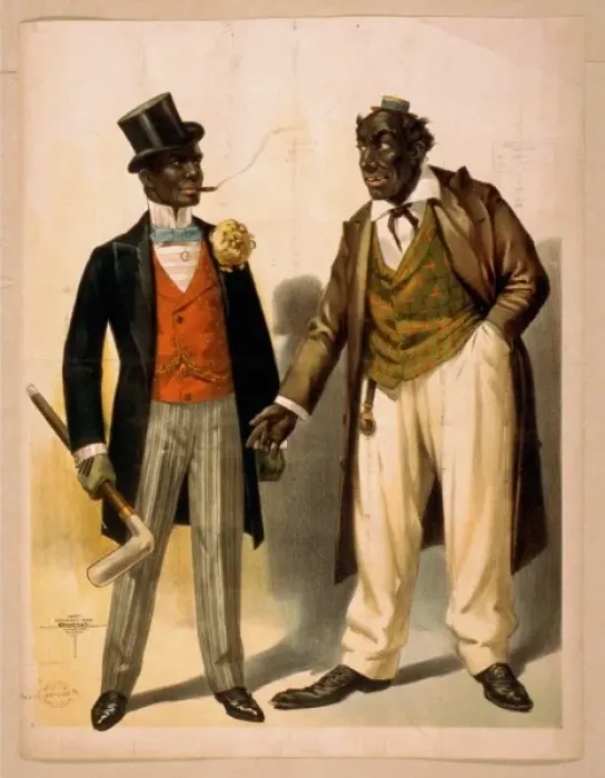 Framed Print : Two performers in blackface, facing each other, one in tuxed Framed Print : Two performers in blackface, facing each other, one in tuxed