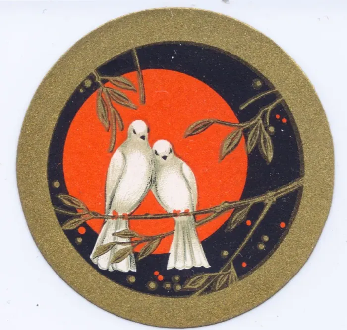 Framed Print : Perfume label, two doves on a branch Framed Print : Perfume label, two doves on a branch
