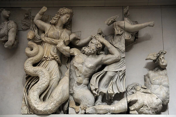 Pergamon Altar. The three Moirai, goddesses of fate, kill th