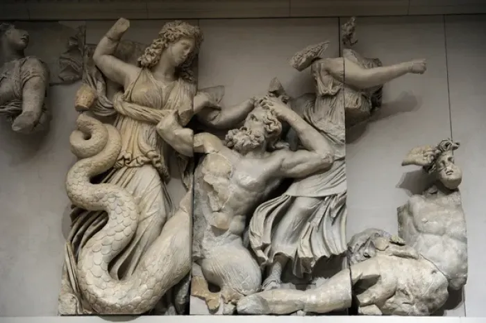 Framed Print : Pergamon Altar. The three Moirai, goddesses of fate, kill th Framed Print : Pergamon Altar. The three Moirai, goddesses of fate, kill th