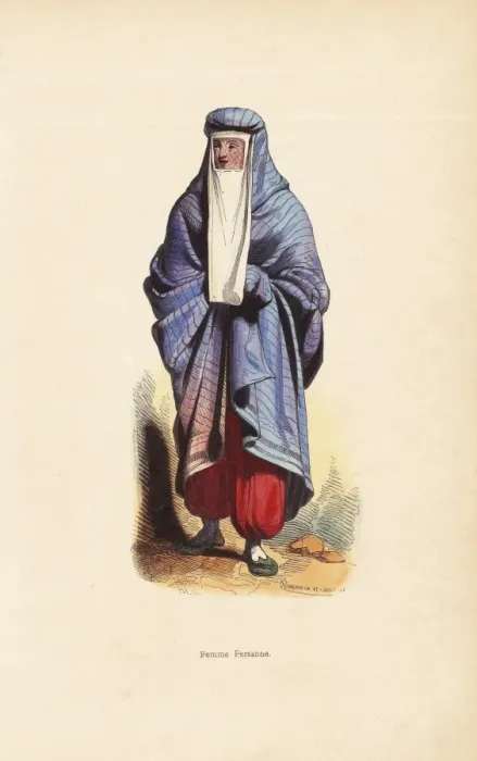 Framed Print : Persian woman in burqa with window veil, pantaloons Framed Print : Persian woman in burqa with window veil, pantaloons