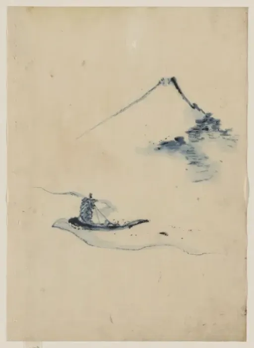 Framed Print : A person in a small boat on a river with Mount Fuji in the b Framed Print : A person in a small boat on a river with Mount Fuji in the b