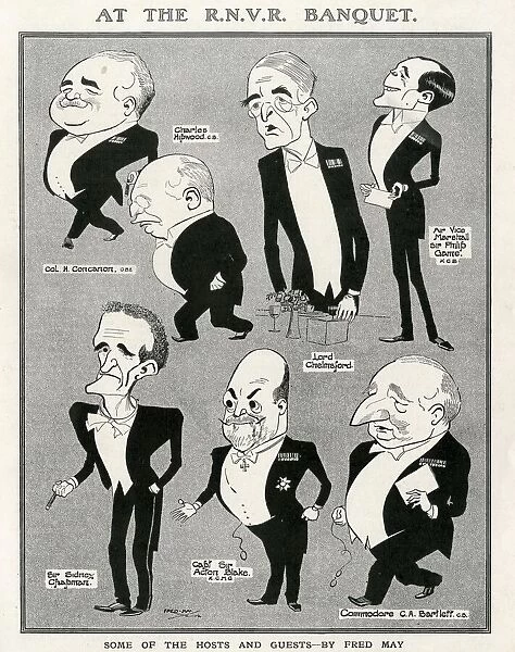 Personalities at the Royal Naval Volunteer Reserve banquet caricatured by Fred May
