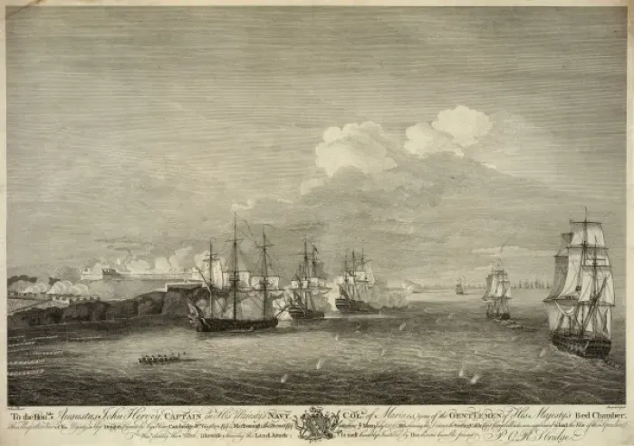 Framed Print : Perspective view of his majestys ship Dragon attacking Moro Framed Print : Perspective view of his majestys ship Dragon attacking Moro