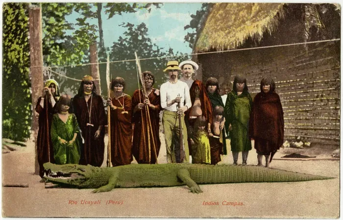 Framed Print : Peru - Ucayali River - European Hunters and Crocodile Framed Print : Peru - Ucayali River - European Hunters and Crocodile