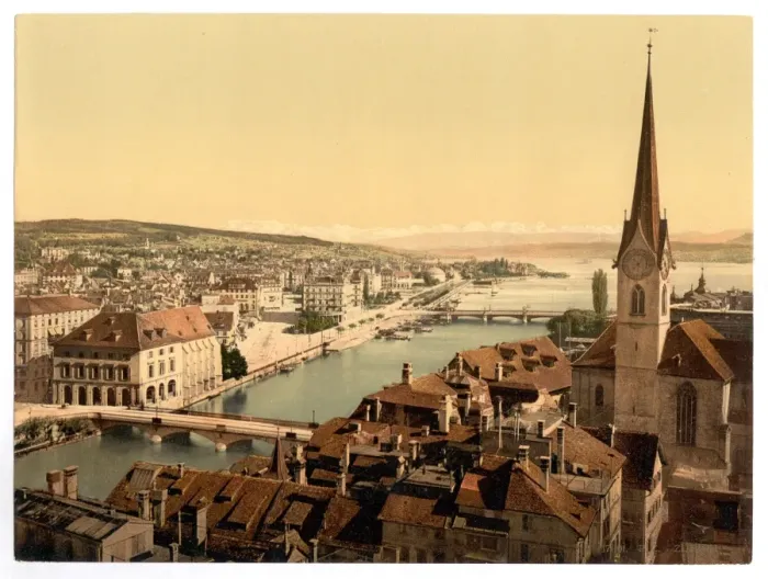 Framed Print : From Peter Church, with Farumunster and Alpenkette, Zurich Framed Print : From Peter Church, with Farumunster and Alpenkette, Zurich