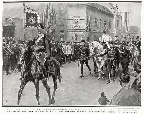 Peter I of Serbia riding horseback from his coronation at St. Michael's Cathedral in Belgrade, to the Palace. Wearing his crown and robes and bearing his sceptre. Date: 21st September 1904