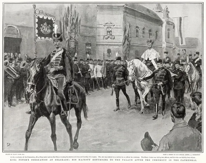 Framed Print : Peter I of Serbia riding horseback from his coronation at St. Michael's Cathedral in Belgrade, to the Palace. Wearing his crown and robes and bearing his sceptre. Date: 21st September 1904 Framed Print : Peter I of Serbia riding horseback from his coronation at St. Michael's Cathedral in Belgrade, to the Palace. Wearing his crown and robes and bearing his sceptre. Date: 21st September 1904