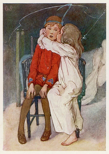 Peter Pan & Wendy. Peter being kissed gently on the cheek by Wendy