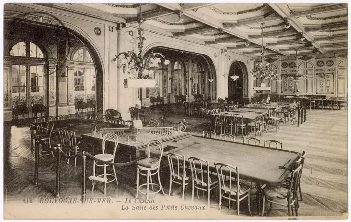 Framed Print : Petits Chevaux (little horses) Room, Casino, Boulogne-sur-Mer, Northern France, with gaming tables. Date: circa 1910s