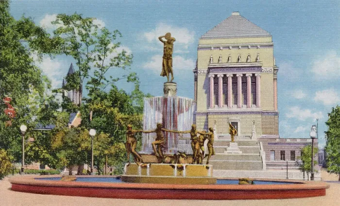 Framed Print : De Pew Fountain in University Park, Indianapolis, Indiana, USA, with Indiana World War Memorial in the background Date: 1936 Framed Print : De Pew Fountain in University Park, Indianapolis, Indiana, USA, with Indiana World War Memorial in the background Date: 1936