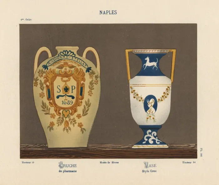 Framed Print : Pharmacy pitcher and vase from Naples, Italy