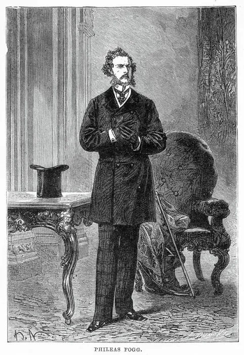 Framed Print : Phileas Fogg is the protagonist in the 1872 Jules Verne novel Around the World in Eighty Days. Date: 1872 Framed Print : Phileas Fogg is the protagonist in the 1872 Jules Verne novel Around the World in Eighty Days. Date: 1872