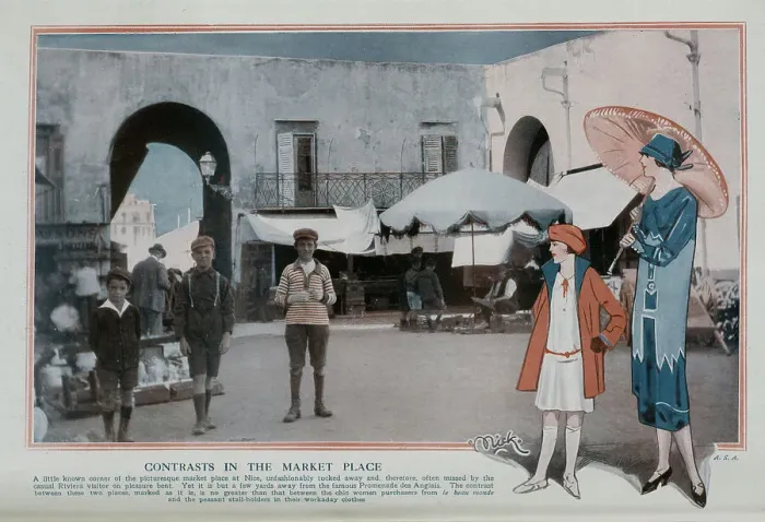 Framed Print : Photograph enhanced with illustrations in foreground, showing children in marketplace, Nice, France. With illustrations of fashionable woman and girl in foreground, looking Framed Print : Photograph enhanced with illustrations in foreground, showing children in marketplace, Nice, France. With illustrations of fashionable woman and girl in foreground, looking