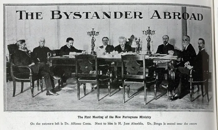 Framed Print : Photograph of the first meeting of the new Portuguese Ministry. With description, The First Meeting of the New Portuguese Ministry; On the extreme left is Dr Alfonso Costa. Next to him is H Jose Almeida. Dr Braga is seated near the centre Framed Print : Photograph of the first meeting of the new Portuguese Ministry. With description, The First Meeting of the New Portuguese Ministry; On the extreme left is Dr Alfonso Costa. Next to him is H Jose Almeida. Dr Braga is seated near the centre