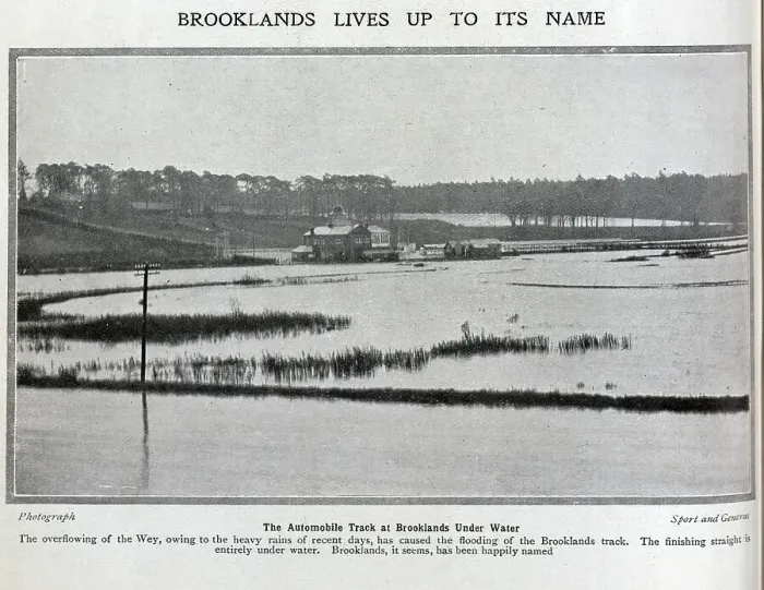 Framed Print : Photograph of flooding at Brooklands race track. Captioned, Brooklands lives up to its name'. With description, The Automobile Track at Brooklands Under Water; The overflowing of the Wey, owing to the heavy rains of recent days Framed Print : Photograph of flooding at Brooklands race track. Captioned, Brooklands lives up to its name'. With description, The Automobile Track at Brooklands Under Water; The overflowing of the Wey, owing to the heavy rains of recent days