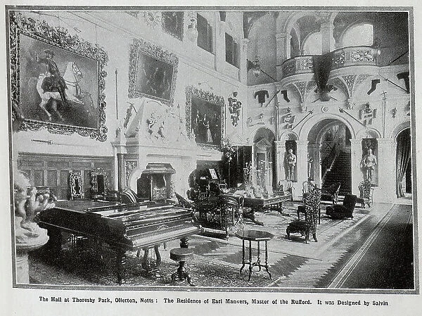 Photograph of the Hall, interior, designed by Salvin, at Thoresby Park, Ollerton, Nottinghamshire. From a series of articles, Famous Hunts at home'. The article, written and illustrated by Leonard Willoughby. Date: 1910
