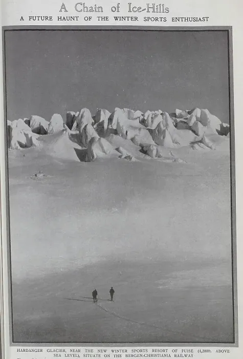 Framed Print : Photograph of the Hardanger Glacier, with two men on skis viewing the scene. Captioned, A Chain of Ice-Hills: A Future Haunt of the Winter Sports Enthusiast
