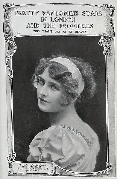 Photograph of Iris Hoey, actress (1885-1979), theatrical studio portrait. From a section, Pretty pantomime stars in London and the Provinces: this year's galaxy of beauty
