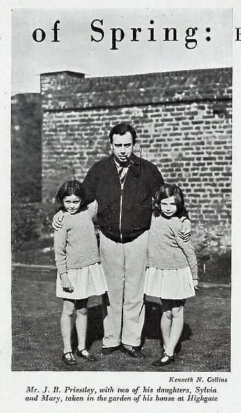 Photograph of J B Priestley and daughters. Captioned, Mr J B Priestley, with two of his daughters, Sylvia and Mary, taken in the garden of his house at Highgate'. From an article, Heralds of Spring'by Ericus