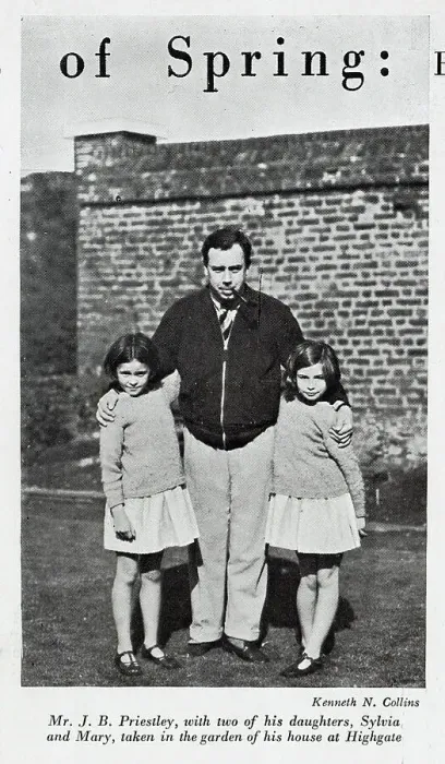 Framed Print : Photograph of J B Priestley and daughters. Captioned, Mr J B Priestley, with two of his daughters, Sylvia and Mary, taken in the garden of his house at Highgate'. From an article, Heralds of Spring'by Ericus Framed Print : Photograph of J B Priestley and daughters. Captioned, Mr J B Priestley, with two of his daughters, Sylvia and Mary, taken in the garden of his house at Highgate'. From an article, Heralds of Spring'by Ericus