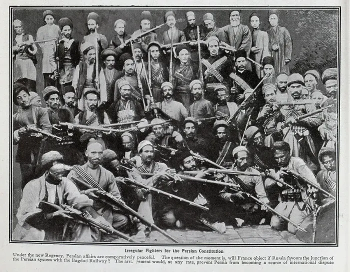 Framed Print : Photograph of a large group of armed men, captioned, Irregular fighters for the Persian Constitution'. With description, Under the new Regency, Persian affairs are comparatively peaceful Framed Print : Photograph of a large group of armed men, captioned, Irregular fighters for the Persian Constitution'. With description, Under the new Regency, Persian affairs are comparatively peaceful