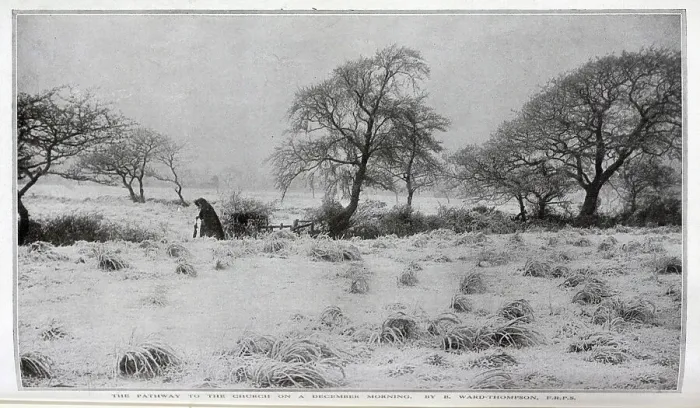 Framed Print : Photograph of lone figure, frosty December morning, by B Ward-Thompson, FRPS. Captioned, When Frost, the Sacred Painter, Spreads His Silver Pigment: The pathway to the church on a December morning'. Date: 1910 Framed Print : Photograph of lone figure, frosty December morning, by B Ward-Thompson, FRPS. Captioned, When Frost, the Sacred Painter, Spreads His Silver Pigment: The pathway to the church on a December morning'. Date: 1910