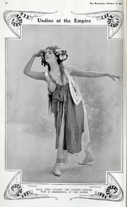 Framed Print : Photograph of Lydia Kyasht, Russian British ballerina and dance teacher (1885-1959). Theatrical studio portrait in classical costume and ballet shoes in dance pose. Captioned, Undine at the Empire'. Date: 1910 Framed Print : Photograph of Lydia Kyasht, Russian British ballerina and dance teacher (1885-1959). Theatrical studio portrait in classical costume and ballet shoes in dance pose. Captioned, Undine at the Empire'. Date: 1910