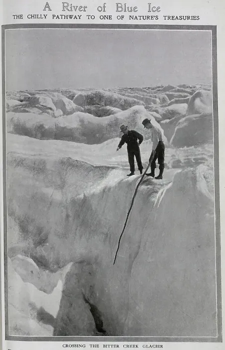 Framed Print : Photograph of two men, crossing Bitter Creek Glacier, British Columbia, Canada. Captioned, A River of Blue Ice: the chilly pathway to one of nature's treasuries'. Bitter Creek had been the scene of a recent gold rush. Date: 1910