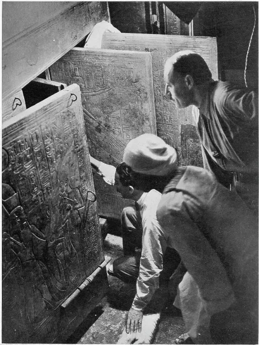 Framed Print : Photograph of the moment Howard Carter (kneeling) and Arthur Callender (standing) actually opening the doors of the fourth shrine of Tutankhamen. Date: 1924 Framed Print : Photograph of the moment Howard Carter (kneeling) and Arthur Callender (standing) actually opening the doors of the fourth shrine of Tutankhamen. Date: 1924