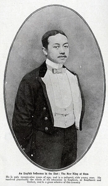 Photograph of the New King of Siam (Thailand), formal studio portrait. Captioned, An English Influence in the East: The New King of Siam; He is only twenty-nine years of age, and is a cultured, able young man