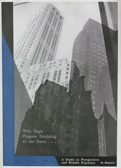 Framed Print : Photograph of New York buildings, showing double image of skyscrapers. Captioned, With eager fingers straining at the stars A Study in Perspective and Double Exposure'. Date: 1933 Framed Print : Photograph of New York buildings, showing double image of skyscrapers. Captioned, With eager fingers straining at the stars A Study in Perspective and Double Exposure'. Date: 1933