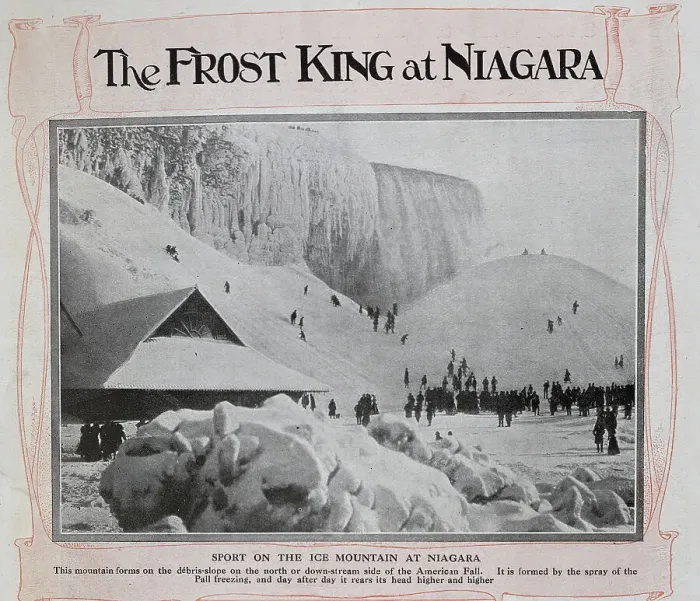 Framed Print : Photograph of Niagara Falls frozen, with skiers at base. Captioned, The Frost King at Niagara'. With description, There is no place in the world where the Frost King creates a more beautiful spectacle than at Niagara Falls Framed Print : Photograph of Niagara Falls frozen, with skiers at base. Captioned, The Frost King at Niagara'. With description, There is no place in the world where the Frost King creates a more beautiful spectacle than at Niagara Falls
