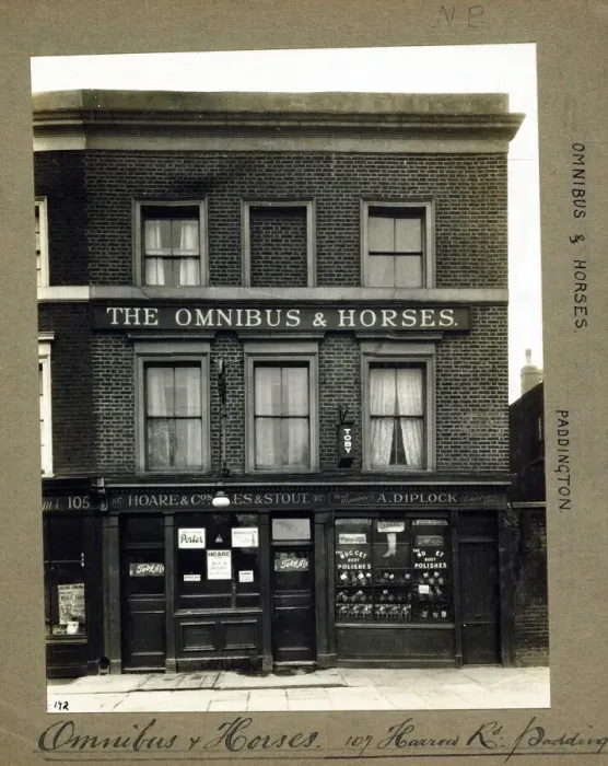 Framed Print : Photograph of Omnibus & Horses PH, Paddington, London Framed Print : Photograph of Omnibus & Horses PH, Paddington, London
