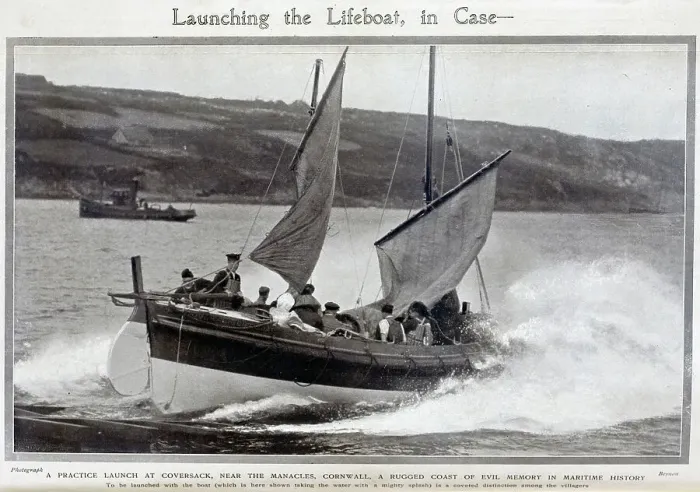 Framed Print : Photograph of a practice launch of the Lifeboat, Coversack, Cornwall. Outdoor seascape action shot. Captioned, Launching the Lifeboat, in case Framed Print : Photograph of a practice launch of the Lifeboat, Coversack, Cornwall. Outdoor seascape action shot. Captioned, Launching the Lifeboat, in case