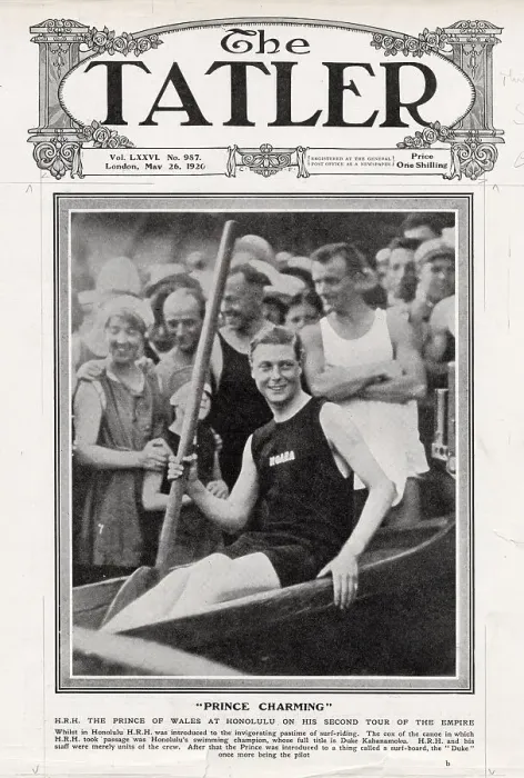 Framed Print : A photograph of the Prince of Wales at Honolulu, Hawaii, on his second tour of the empire. The Prince is sat in a Hawaiian canoe whilst being taught surf-riding by Duke Kahanamoku. Date: 26th May 1920 Framed Print : A photograph of the Prince of Wales at Honolulu, Hawaii, on his second tour of the empire. The Prince is sat in a Hawaiian canoe whilst being taught surf-riding by Duke Kahanamoku. Date: 26th May 1920