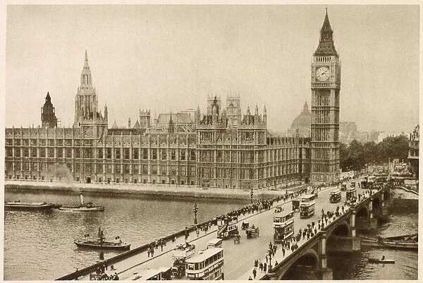Photograph showing busy Westminster Bridge with pedestrians walking across