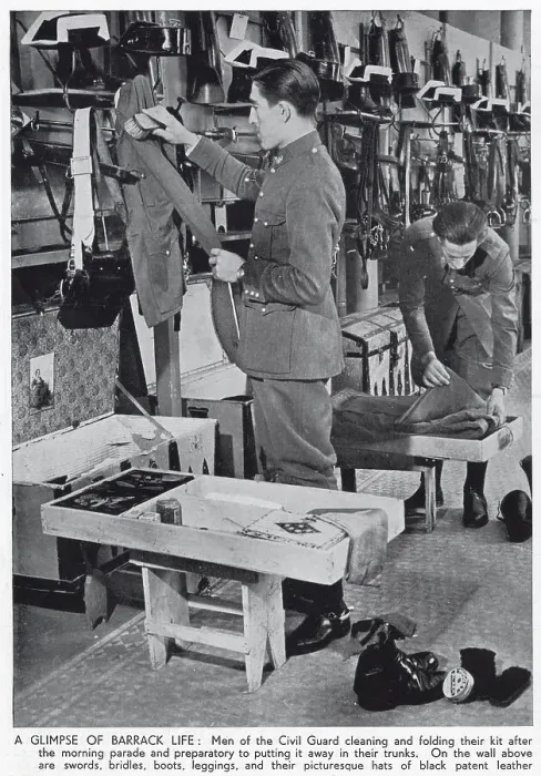 Framed Print : Photograph showing two Civil Guardsmen cleaning their kit in their barracks, Spain, 1936. The Civil Guard were a cross between a military unit and a police force, who worked to maintain peace and order in Spain in both times of war and peace Framed Print : Photograph showing two Civil Guardsmen cleaning their kit in their barracks, Spain, 1936. The Civil Guard were a cross between a military unit and a police force, who worked to maintain peace and order in Spain in both times of war and peace