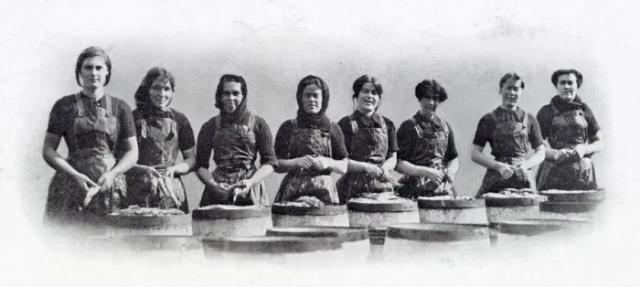 Framed Print : Photograph showing a group of Scottish women standing over the barrels that are being Framed Print : Photograph showing a group of Scottish women standing over the barrels that are being