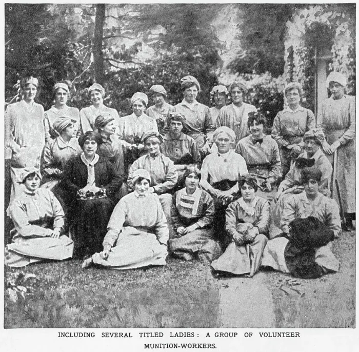 Framed Print : Photograph showing some of the society volunteers, several titled Ladies, that helped in the war effort in the factory at the Vickers munitions, Erith in Kent. Date: 1915 Framed Print : Photograph showing some of the society volunteers, several titled Ladies, that helped in the war effort in the factory at the Vickers munitions, Erith in Kent. Date: 1915