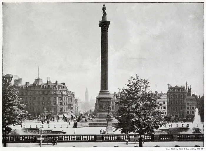 Framed Print : Photograph taken from the middle of the terrace of the National Gallery, Trafalgar Square with Nelson's Column in the middle and Whitehall behind. Date: 1890s Framed Print : Photograph taken from the middle of the terrace of the National Gallery, Trafalgar Square with Nelson's Column in the middle and Whitehall behind. Date: 1890s