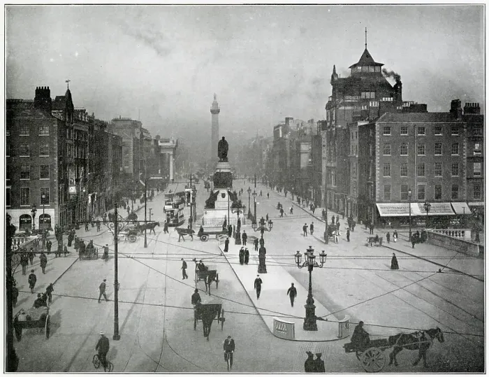 Framed Print : Photograph taken from O'connell Bridge looking towards O'connell Statue and beyond Nelson's Pillar. Date: late 1890s Framed Print : Photograph taken from O'connell Bridge looking towards O'connell Statue and beyond Nelson's Pillar. Date: late 1890s