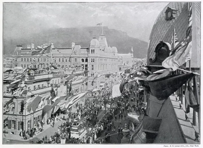 Framed Print : Photograph taken from the roof-tops of South Africa Capital, Cape Town. Jubilee procession passing the streets with flags fluttering between the telegraph wires. Date: 22nd June 1897 Framed Print : Photograph taken from the roof-tops of South Africa Capital, Cape Town. Jubilee procession passing the streets with flags fluttering between the telegraph wires. Date: 22nd June 1897
