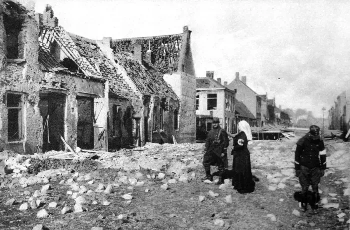 Framed Print : Photographed during the fierce German bombardment of the town: A ruined street in Nieuport Framed Print : Photographed during the fierce German bombardment of the town: A ruined street in Nieuport