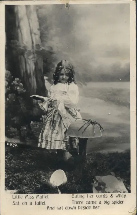 Framed Print : Photographic postcard of Little Miss Muffet. Date: c. 1905 Framed Print : Photographic postcard of Little Miss Muffet. Date: c. 1905