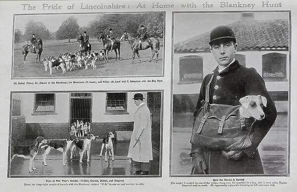 Photographs of the Blankney Hunt. Captioned, The Pride of Lincolnshire: At Home with the Blankney Hunt'. With descriptions, How the Terrier is Carried; The terrier is carried by one of the whips, slung over his shoulder in a bag