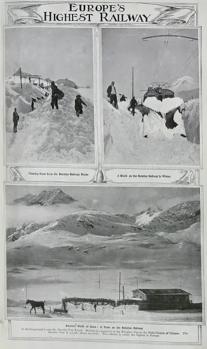 Framed Print : Photographs of Europe's Highest Railway in deep snow. With descriptions, Clearing Snow from the Bernina Railway Route, A Block on the Bernina Railway in Winter and Between Walls of Snow Framed Print : Photographs of Europe's Highest Railway in deep snow. With descriptions, Clearing Snow from the Bernina Railway Route, A Block on the Bernina Railway in Winter and Between Walls of Snow