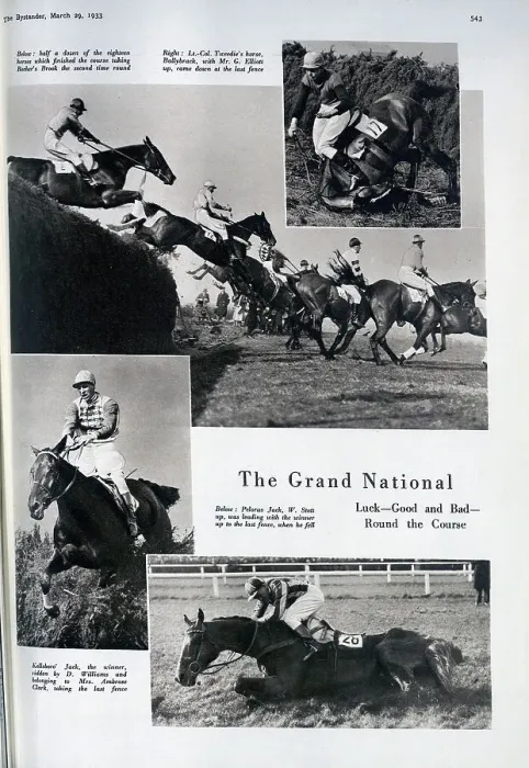 Framed Print : Photographs of the Grand National, including two falls, and group clearing Becher's Brook. Captioned, The Grand National: Luck - Good and Bad - Round the Course Framed Print : Photographs of the Grand National, including two falls, and group clearing Becher's Brook. Captioned, The Grand National: Luck - Good and Bad - Round the Course