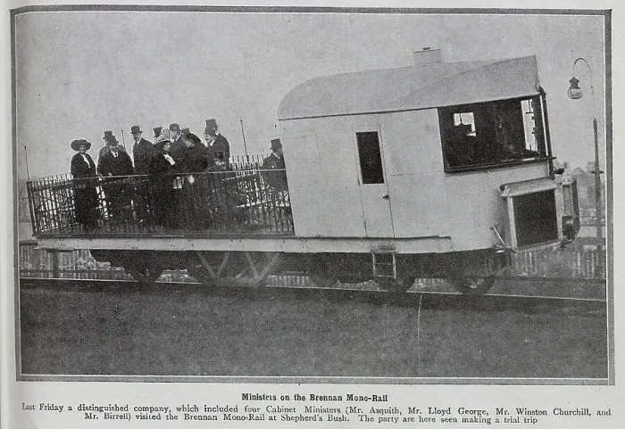 Framed Print : Photographs of guests including 4 Cabinet Ministers, riding the new Louis Brennan monorail at Shepherds Bush. Captioned, Ministers Rail at Shepherd's Bush: with a diversion furnished by airing and willows Framed Print : Photographs of guests including 4 Cabinet Ministers, riding the new Louis Brennan monorail at Shepherds Bush. Captioned, Ministers Rail at Shepherd's Bush: with a diversion furnished by airing and willows